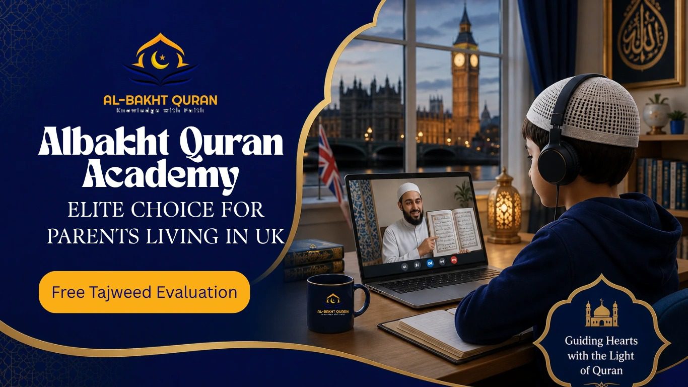 A focused student in a London home study participating in a professional 1-on-1 session with an online Quran teacher in UK from Albakht Academy.