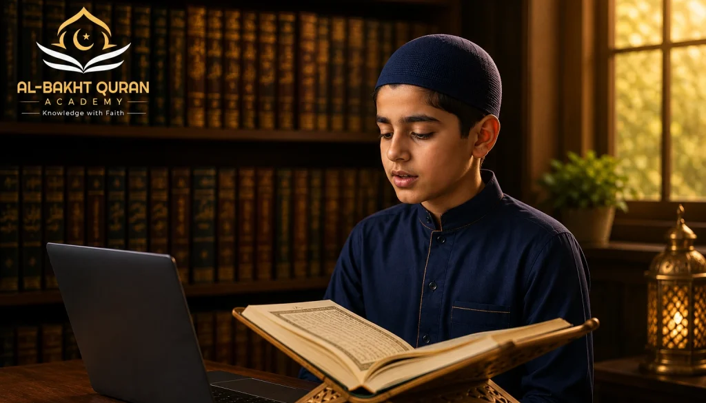 An elite student at Albakht Academy practicing Hifz ul Quran with a certified scholar, utilizing a precision memorization methodology.