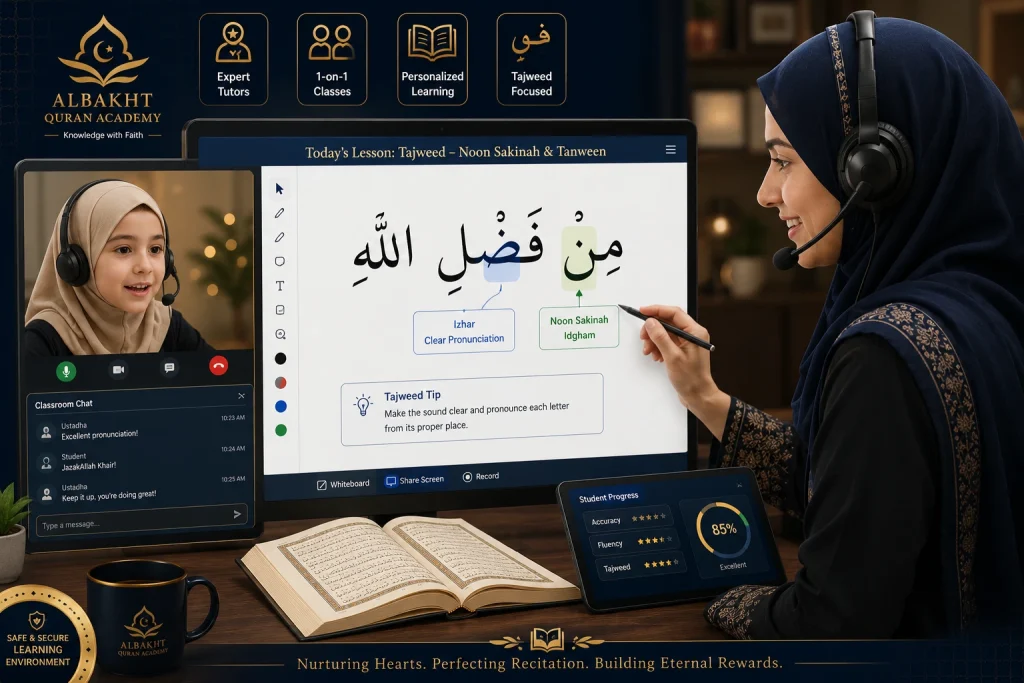 An elite online female Quran teacher delivering a personalized, high-engagement 1-on-1 Tajweed lesson to a young student using a professional digital interface.