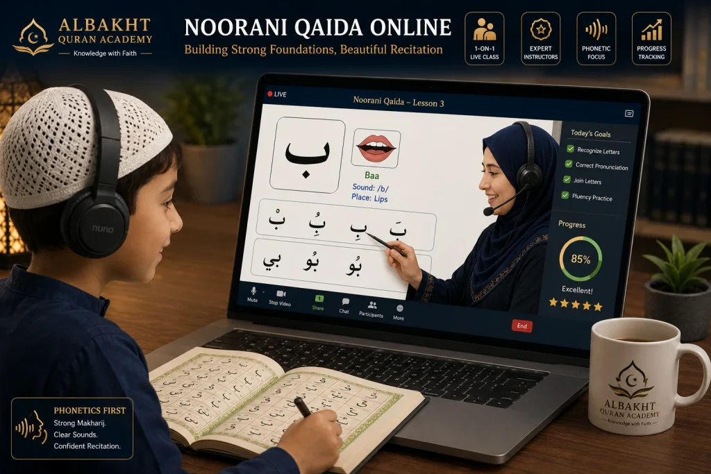 A young student learning Noorani Qaida online during a high-end, 1-on-1 digital phonetics lesson with an expert instructor.
