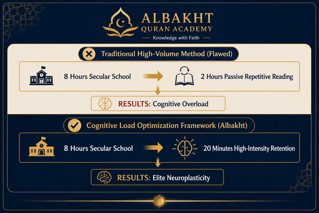 A comparative flow diagram contrasting traditional high-volume hours with Albakht Academy's 20-minute optimization framework for Quranic Memorization for Kids.