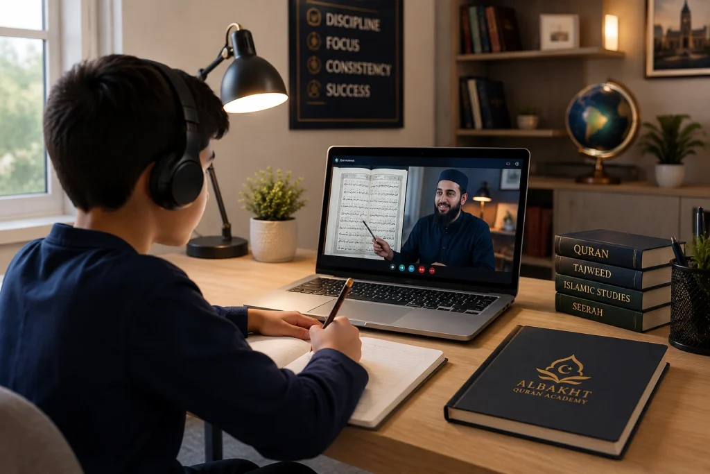 A student participating in elite online Quran classes with a 1-on-1 scholar in the USA.