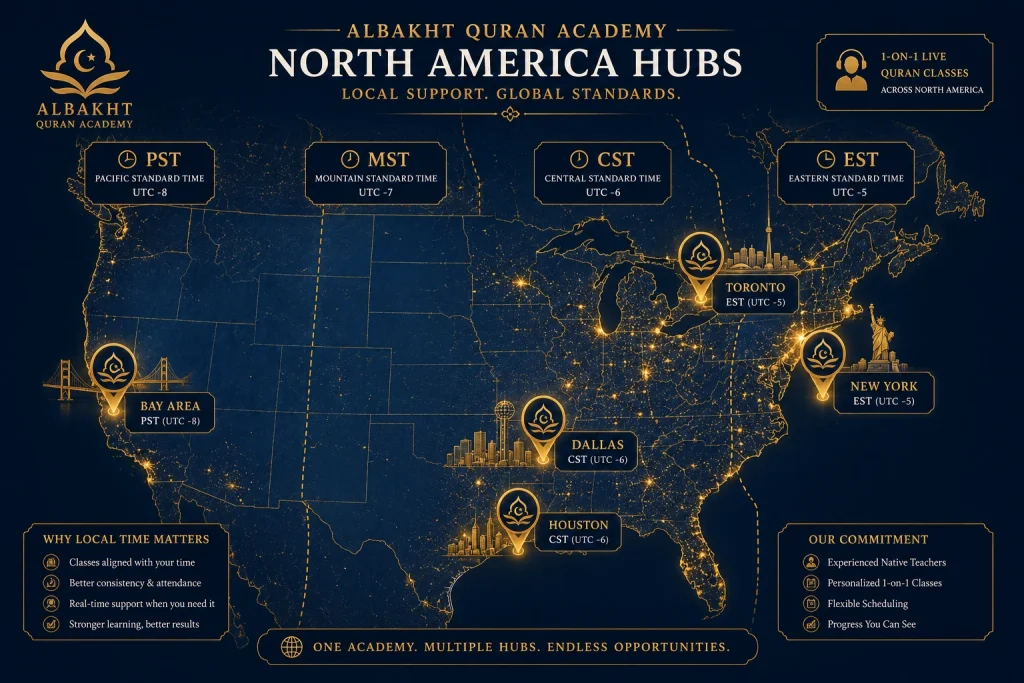 Regional map showing native time zone coverage for our Online Quran Academy USA and Canada program.