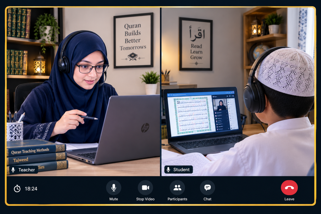A student and teacher session learning quran online in uk